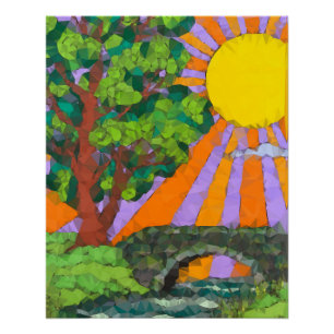 Póster arte de paisaje de bosque ribereño