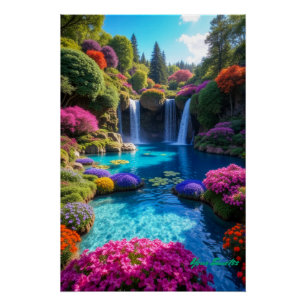 Póster Arte de paisaje de sueños con cascada tropical col