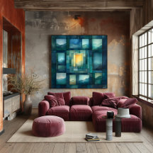 Arte de paisaje geométrico abstracto – Azul y dora