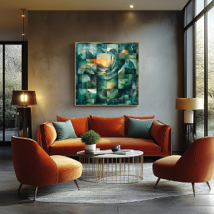 Póster Arte de paisaje geométrico abstracto – Verde y nar