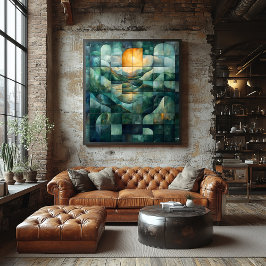Póster Arte de paisaje geométrico de puesta de sol – Turq