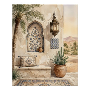 Póster Arte de pared acuarela boho oasis del desierto mar