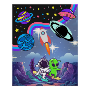Póster Arte de Pared Aventura Espacial Brillante para Niñ