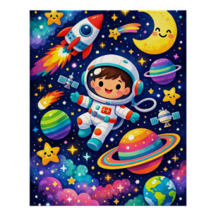 Póster Arte de Pared Aventura Espacial Brillante para Niñ