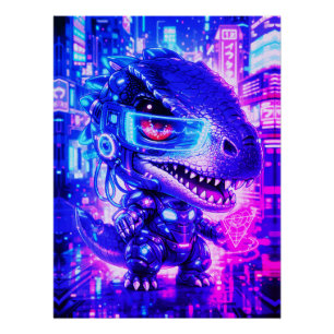 Póster Arte de pared Chibi de ciudad de neón de dinosauri