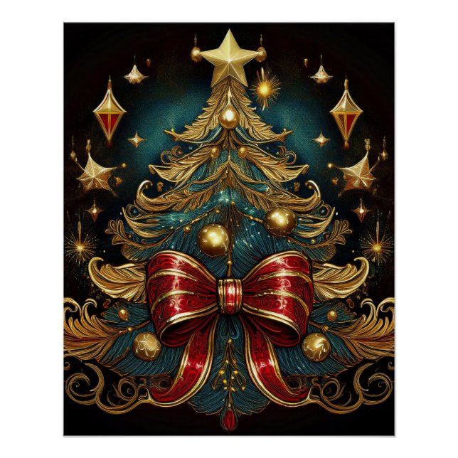 Póster Arte De Pared Con Árbol De Navidad Y Gran Bow Rojo (Anverso)