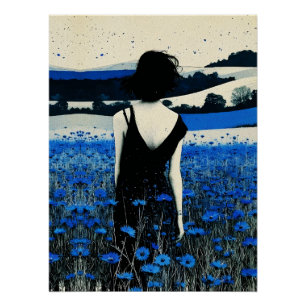Póster Arte de pared de campo de flores silvestres azules