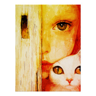 Póster Arte de Pared de Chica y Gato Surrealista – Fantas