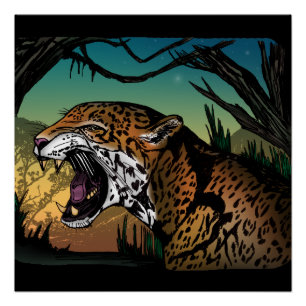 Póster Arte de pared de la selva del jaguar gruñón – Gato