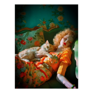 Póster Arte de Pared de Mujer y Gato Vintage – Floral Rom