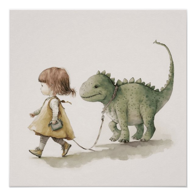 Póster Arte de pared de niña adorable caminando con dinos (Anverso)