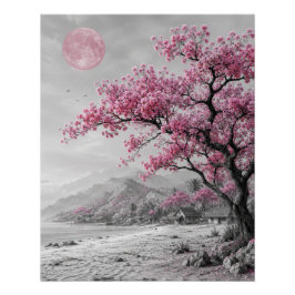 Póster Arte de pared de paisaje de árbol florido bajo la