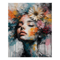 Arte de pared de retrato de mujer floral abstracto