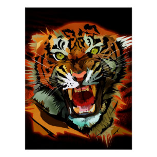 Póster Arte de pared de tigre rugiente feroz, vida salvaj