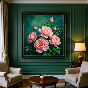 Póster Arte de Peonías Rosadas sobre Verde Esmeralda