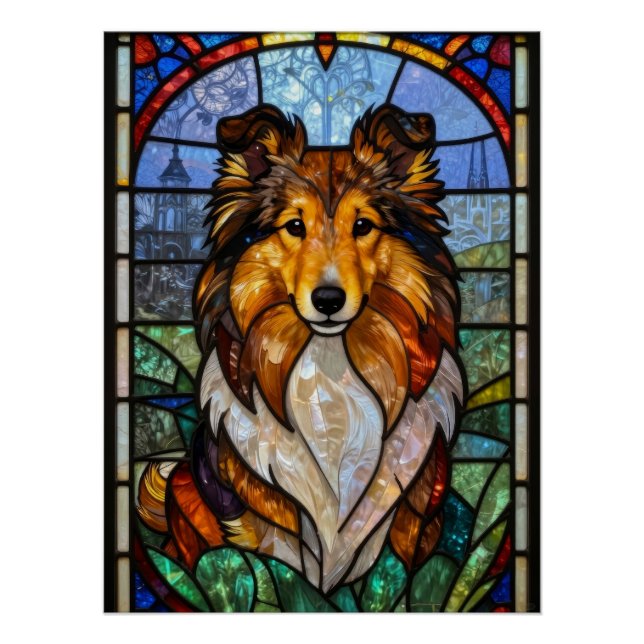Póster Arte de perro de vidrio emplomado Sheltie Shetland (Anverso)