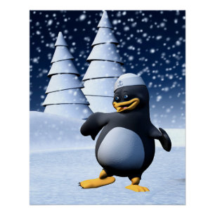 Póster Arte de pingüino marinero de invierno adorable par