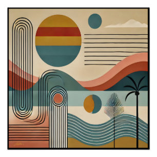 Póster Arte de playa de amanecer moderno de mediados de s