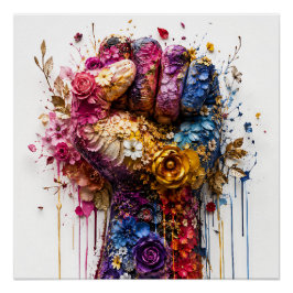 Póster Arte de Puño Floral Vibrante: Fuerza y Resistencia