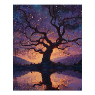 Póster Arte de reflexión del árbol encantado púrpura del 