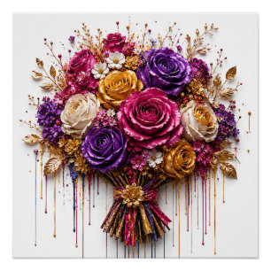 Póster Arte de Rosa Lujosa con Goteos Dorados y Coloridos