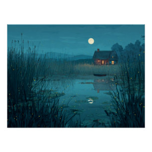 Póster Arte de Serenidad de Cabaña en Lago bajo la Luz de