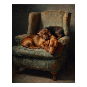 Póster Arte de sillón vintage con Dachshunds marrones aco