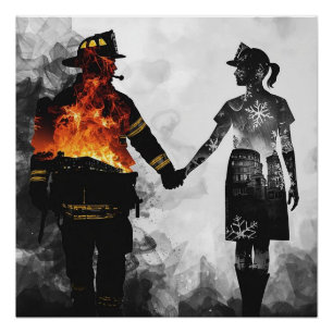 Póster Arte de silueta de pareja de bombero y enfermera