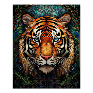 Póster Arte de Tigre de Ojos Azules con Vidrio Emplomado