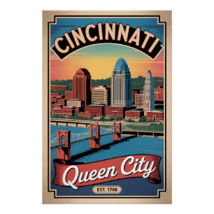 Póster Arte de viaje retro de Cincinnati Ohio Ciudad de l