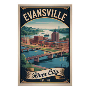Póster Arte de viaje retro de Evansville Indiana Vintage