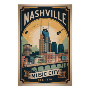 Póster Arte de viaje retro de Nashville Tennessee Music C