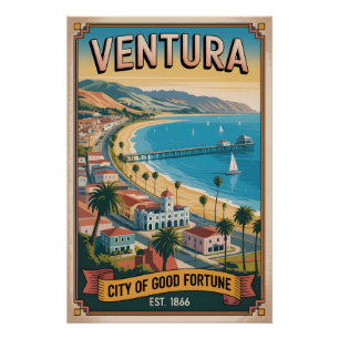 Póster Arte de viaje retro de Ventura California Vintage