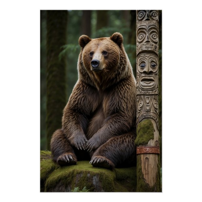 Póster Arte de vida silvestre Grizzly Bear and Totem Pole (Anverso)