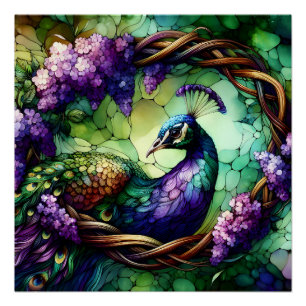 Póster Arte de vidrio emplomado de pavo real floral