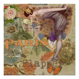 Póster Arte Deco Collage de Pavo Real Flapper de París Vi