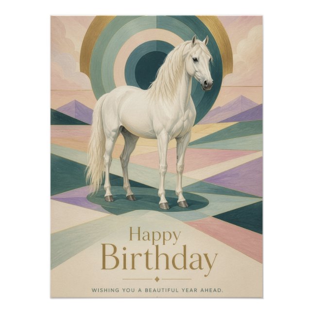 Póster Arte Deco Cumpleaños Caballo Blanco Geométrico (Anverso)