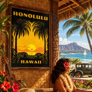 Póster Arte Deco Vintage Honolulu, Turismo de Hawái Viaje