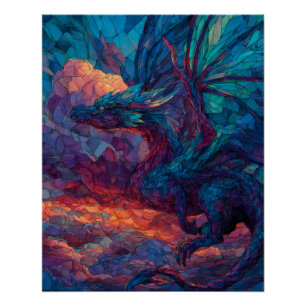 Póster Arte del Dragón del Cielo Carmesí Turquesa Místico