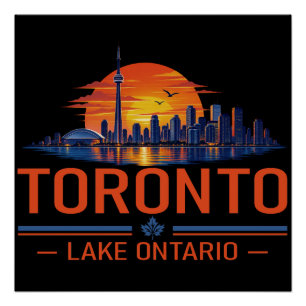 Póster Arte del horizonte de Toronto Lago Ontario Puesta