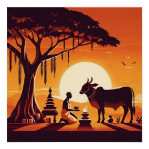 Póster Arte del ritual de Puja de vaca hindú naranja atar