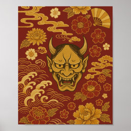 Póster "Arte Demonio Tradicional Japonés con Olas Florale