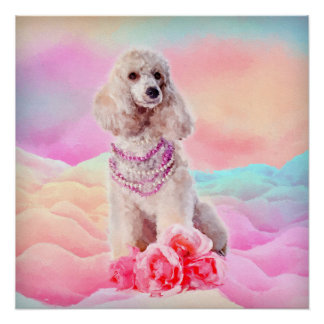 Póster Arte digital acuarela Poodle con flores