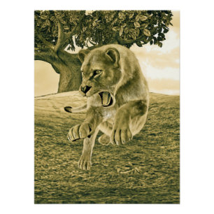 Póster Arte dramático de safari de leona y vida silvestre