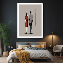 Póster Arte en línea moderna de pareja minimalista camina