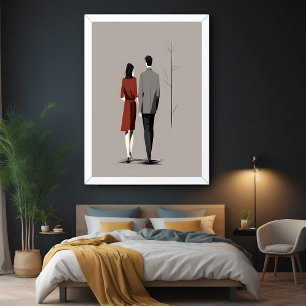 Póster Arte en línea moderna de pareja minimalista camina