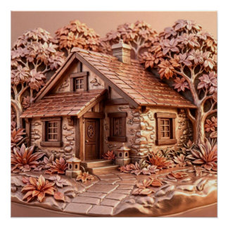 Póster Arte en relieve metálico de Cottage Otoño Rosa Dor