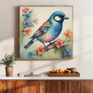 Póster Arte estilizado de pájaro azul y flores
