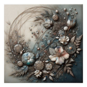 Póster Arte floral botánico escultural en 3D en crema y t