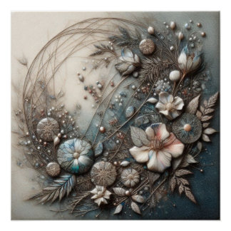 Póster Arte floral botánico escultural en 3D en crema y t